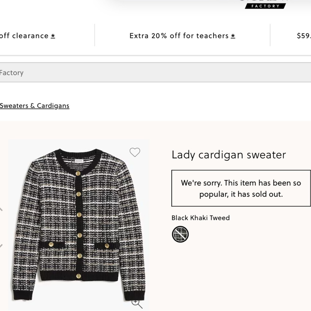 J Crew Factory Women's Black Khaki Tweed Cardigan Sweater, Size L